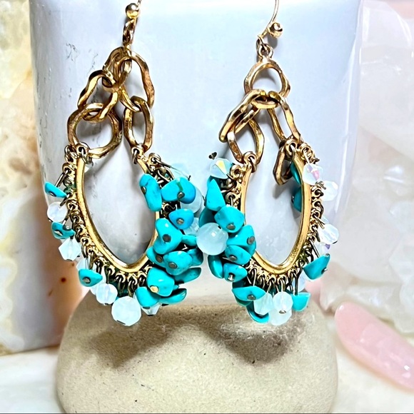 Gold & Turquoise Bohemian Earrings, Gold Tone fashion jewelry dangling - Picture 3 of 3